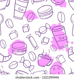 Vector seamless pattern with image of tea, coffee, mugs, teapots, cakes in purple on a white background in the style of doodle.