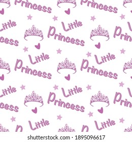 vector seamless pattern with the image of a tiara and the inscription little princess in pink