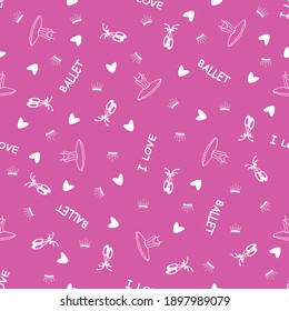 vector seamless pattern with the image of a tutu, pointe shoes, crown, hearts and the inscription I love ballet