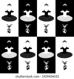 vector seamless pattern with the image of a tutu, pointe shoes and a crown in black and white