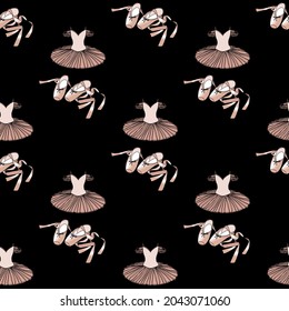 vector seamless pattern with the image of a tutu and pointe shoes on a black background