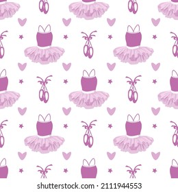 vector seamless pattern with the image of a tutu and pointe shoes in purple tones