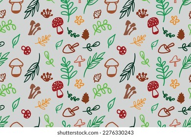 Vector seamless pattern with the image of wild mushrooms and leaves hand-drawn doodle. Fashionable design template.