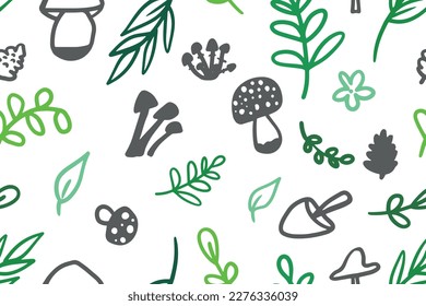Vector seamless pattern with the image of wild mushrooms and leaves hand-drawn doodle. Fashionable design template.