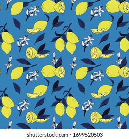 Vector seamless pattern with the image of yellow lemons, blue leaves and white flowers on a blue background. Design for the design of the menu, recipe, flyer, poster, fabric, bedding, tablecloth.
