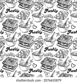 Vector seamless pattern with images of baking, coffee, using lettering, in monochrome in handmade style