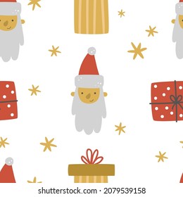 vector seamless pattern with images of cute santa head and christmas gifts