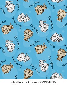 vector seamless pattern with images of cute cats on bright blue background, can be used as wallpaper or wrapping paper decor