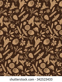 vector seamless pattern with images of herbal ingredients: ginger, lemon, mint, cinnamon, jasmine, camomile, hibiscus, linden, lavender, vanilla bean, star anise, strawberry, blueberry