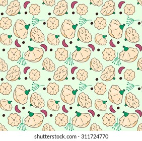 Vector seamless pattern with images of pattypan squash, black pepper and garlic on light blue background