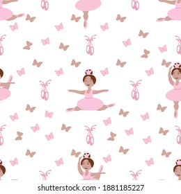 vector seamless pattern with images of small ballerinas, Pointe shoes and butterflies on a white background