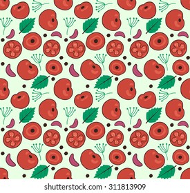 vector seamless pattern with images of tomato, garlic, black pepper and leaves on blue background