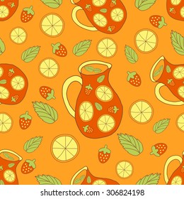 vector seamless pattern with images of traditional spanish drink - sangria, mint, oranges and strawberries