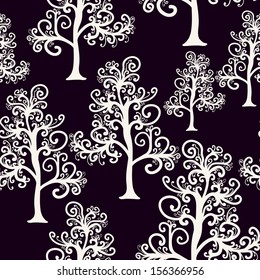 Vector seamless pattern of imaginative trees with curly branches