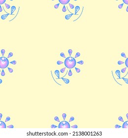 Vector seamless pattern imaging colorful pink and blue flower, plant located on yellow background. Appropriated as greeting card, wallpaper, print, cover. 