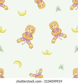 Vector seamless pattern imaging smiling colorful lion cube sitting with a banana in paws, few grass and some bananas.