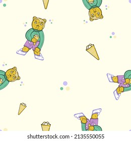 Vector seamless pattern imaging smiling bear dressed in green shirt, violet shorts and snickers and holding an ice-cream, teddy bear, bear cube with shut eyes and a big ice cream in paw, hand.