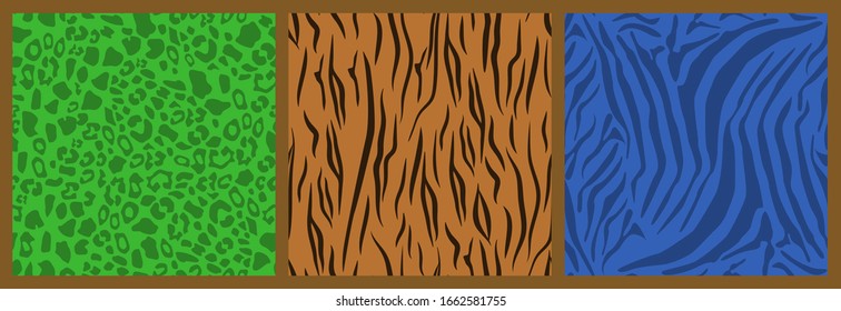 Vector seamless pattern imitation of animal color. Leopard spots, tiger and zebra stripes. Multicolored animal skin design.