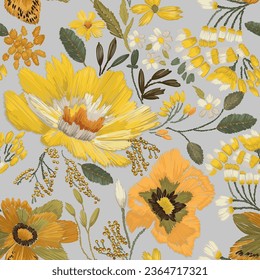 Vector seamless pattern. Imitation embroidery wildflowers, daisies, leaves, buttercup, lily, spring print.