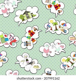 Vector seamless pattern with important topics for women. Background for use in design, web site, packing, textile, fabric