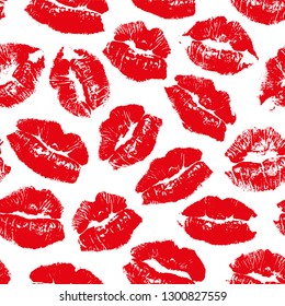 Vector seamless pattern with imprint kiss red lips