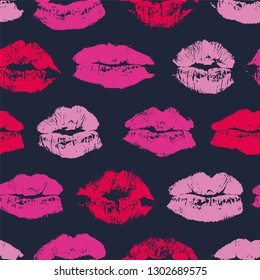 Vector seamless pattern with imprint kiss red lips