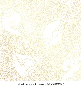 Vector seamless pattern, improvisation in traditional tibetan style, seashells and waves, gold and white.