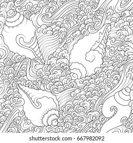 vector seamless pattern, improvisation in traditional tibetan style, seashells and waves, black and white.