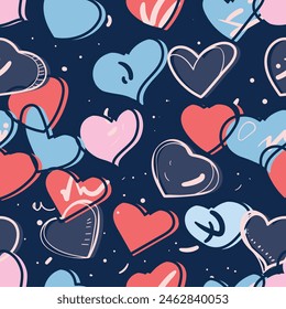 Vector seamless pattern includes hearts in red and blue tones, complemented by light details on a rich dark background. This pattern is ideal for creating unusual cards, wrapping paper and textiles.