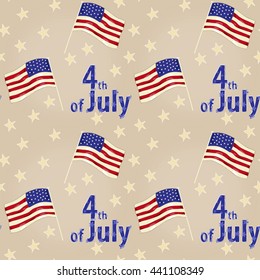Vector seamless pattern for independance day of the USA. Pale background with flag illustration and 4th of July lettering