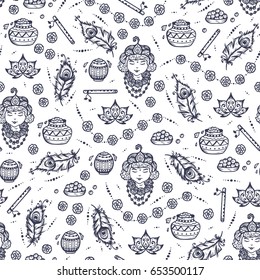 Vector Seamless pattern for Indian fest Shri Krishna Janmashthami. Background with Indian Holiday Symbols: Pots of Yoghurt, Baby Krishna portrait, Peacock Feathers, Flute, Flowers