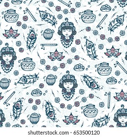 Vector Seamless pattern for Indian fest Shri Krishna Janmashthami. Background with Indian Holiday Symbols: Pots of Yoghurt, Baby Krishna portrait, Peacock Feathers, Flute, Flowers