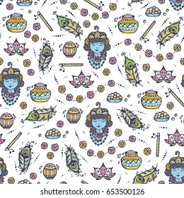 Vector Seamless pattern for Indian fest Shri Krishna Janmashthami. Background with Indian Holiday Symbols: Pots of Yoghurt, Baby Krishna portrait, Peacock Feathers, Flute, Flowers