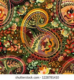 Vector seamless pattern. Indian floral ornament. Colorful decorative wallpaper.  Paisley and plants. Vector illustration for web, textile, fabric, cover, print, invitation