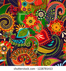 Vector seamless pattern. Indian floral ornament. Colorful decorative wallpaper.  Paisley and plants. Vector illustration for web, textile, fabric, cover, print, invitation