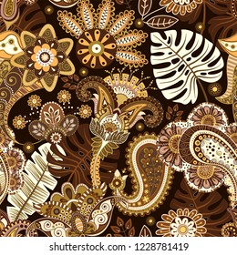 Patrón veloz. El adorno floral indio. Papel pintado decorativo colorido.  Paisley y plantas. Ilustración vectorial para web, textil, tela, cubierta, impresión, invitación