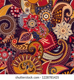 Vector seamless pattern. Indian floral ornament. Colorful decorative wallpaper.  Paisley and plants. Vector illustration for web, textile, fabric, cover, print, invitation
