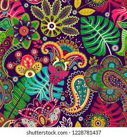 Vector seamless pattern. Indian floral ornament. Colorful decorative wallpaper.  Paisley and plants. Vector illustration for web, textile, fabric, cover, print, invitation