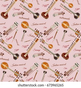 Vector seamless pattern with indian musical instruments. Sarangi, sitar, saraswati veena and shehnai symbols.