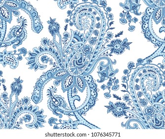 Vector seamless pattern with Indian ornament. Turkish cucumber. Blue  flower.