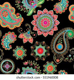 Vector seamless pattern with Indian ornament. Turkish cucumber. Paisley and mandala. Modern abstract style, Indian, Arabic, Islam motifs. Vintage design elements