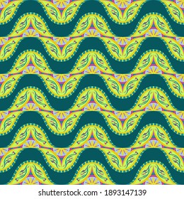 Vector seamless pattern with Indian ornaments on a green background. Detailed traditional ornament with flowers in the form of wavy lines. Ethnic texture. Suitable for printing on fabric or paper