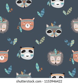 Vector seamless pattern with indian tribal animals faces. Friendship day, Valentine's, anniversary, birthday, children's or teenager party