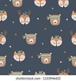 Vector seamless pattern with indian tribal animals faces. Friendship day, Valentine's, anniversary, birthday, children's or teenager party