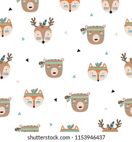 Vector seamless pattern with indian tribal animals faces. Friendship day, Valentine's, anniversary, birthday, children's or teenager party