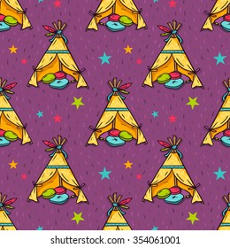 Vector seamless pattern with indian wigwam for kids room and stars