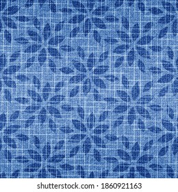 Vector seamless pattern. Indigo grunge texture fabric. Blue abstract flowers background. Modern shibori pattern denim. Irregular floral pattern whit urban effect for design prints. Ikat textile