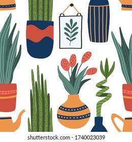 Patrón vectorial sin fisuras con plantas interiores en macetas y jarrones - bambú, sansevieria, lengua de serpiente, lata de agua, tulipanes florales. Las plantas de la casa putrefacta repiten el patrón para textiles en estilo de dibujos animados a mano