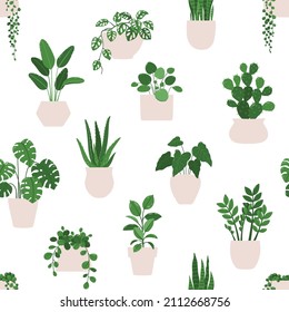 Vector seamless pattern of a indoor plants houseplants in a pots on a white background.