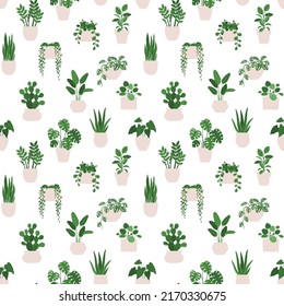 Vector seamless pattern of a indoor plants houseplants in a pots on a white background.